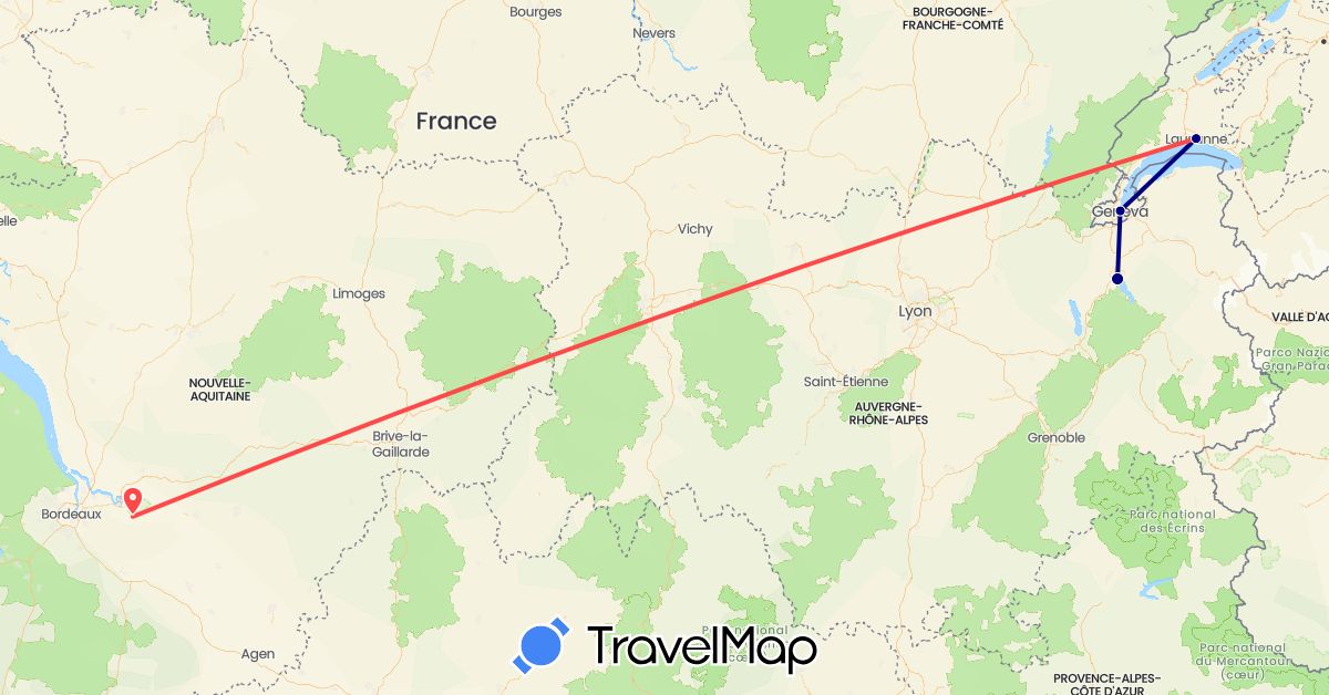 TravelMap itinerary: driving, hiking in Switzerland, France (Europe)