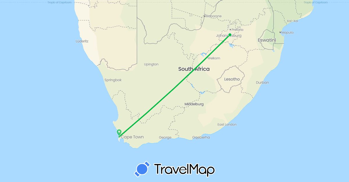 TravelMap itinerary: driving, bus in South Africa (Africa)